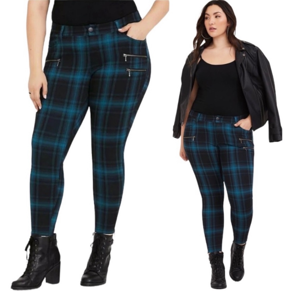 Torrid Teal Black Plaid Ponte Stretch Zipper Accent Skinny Cropped Ankle Pant 16